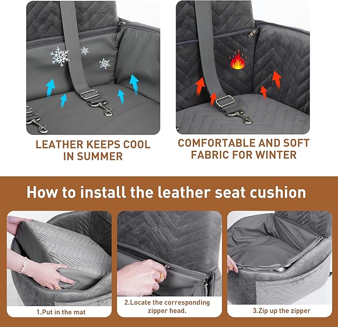 Dog Car Seat for Small Medium Dog up to 30 lbs with Waterproof PU Cover Pet Car Booster Seat with Memory Foam for Travel, Grey, 2 Safety Belt
