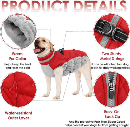 AOFITEE Dog Coat, Warm Dog Winter Coat, Reflective Cold Weather Dogs Puffer Jacket with Harness Built in, Waterproof Pet Fleece Vest Snowsuit for Small Medium Large Dogs, Christmas Red L