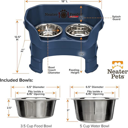 Neater Feeder Deluxe Mess Proof Dog Bowls Elevated Medium Sized Dogs (19-40 lbs) Made in USA, No Spill Raised Dog Food Bowl Stand w/Leg Extension, Stainless Steel Food and Water Bowl Set, Dark Blue