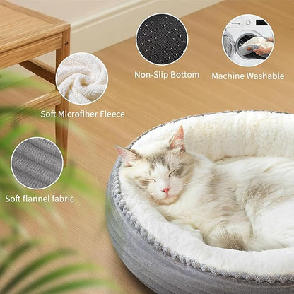 20in Washable Cat Beds for Indoor Cats - Round Donut Pet Bed for Cats, Small Dogs, Puppy, Kitten - Anti-Slip Bottom, Calming Bed Gift - Ideal for Every Home Space - Light Grey