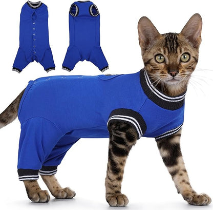 PUMYPOREITY Cat Recovery Suit for Hind Legs, Cat Surgical Spay Suit with Leg Sleeves to Stop Licking, Long Rear Sleeve Wound Cover Abdomen Kitten Onesie, Blue, M