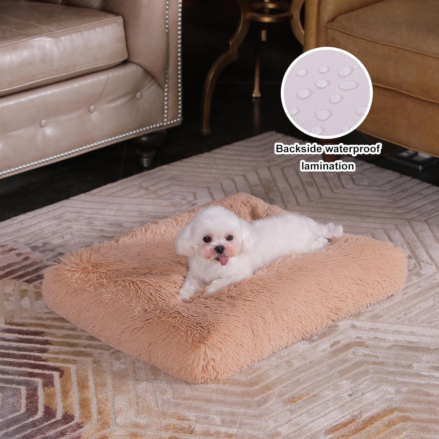 Bedfolks Waterproof Dog Crate Bed,Plush Dog Bed with Removable Washable Cover,Faux Fur Dog Crate Pad for Small Dogs and Cats,Fluffy Dog Kennel Bed 21"x13",Solid Camel