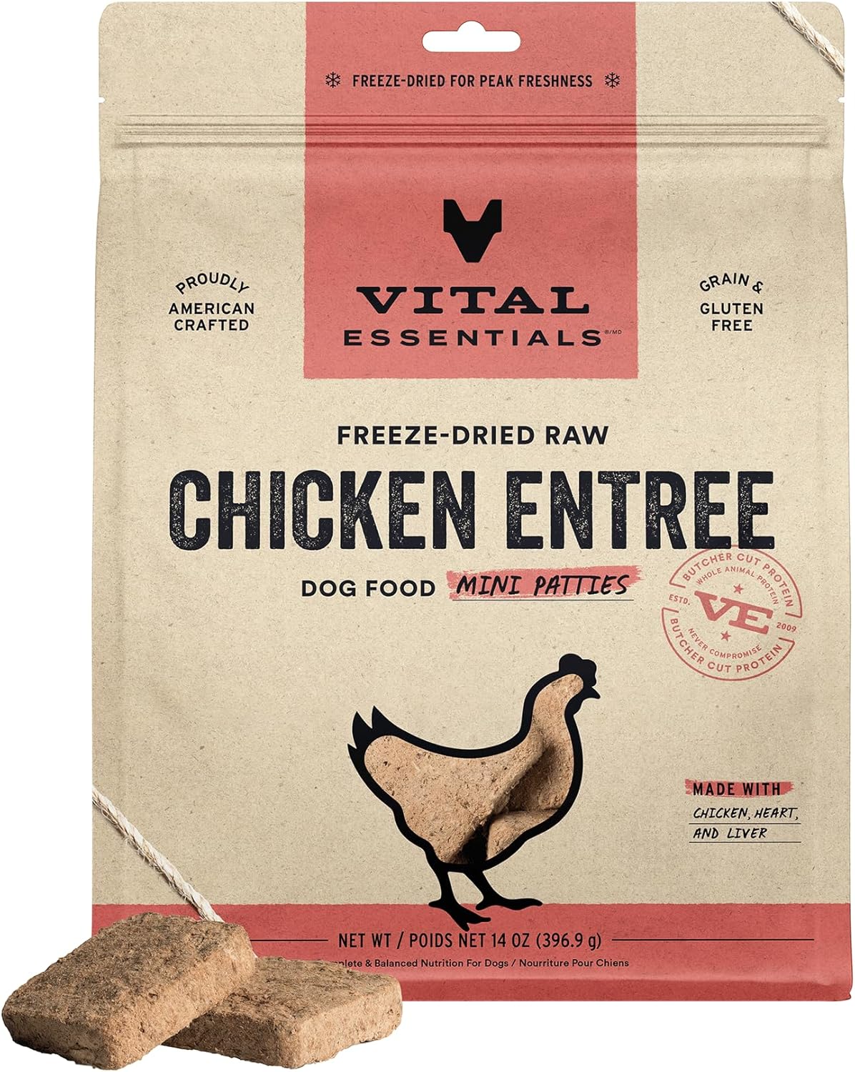 Vital Essentials Freeze Dried Raw Dog Food, Chicken Mini Patties Entree, 14 oz