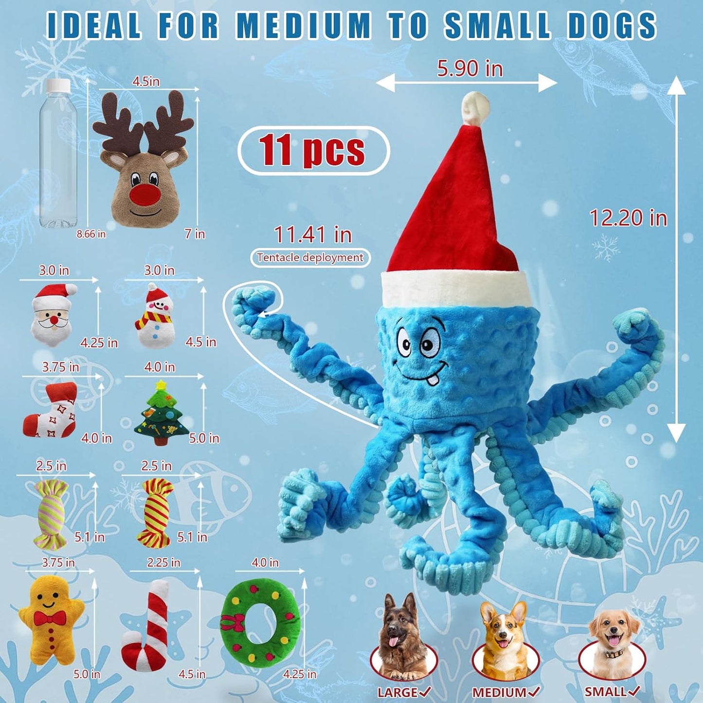 Squeaky Dog Toys, Christmas Octopus Dog Toy with 10 Pcs Small Dog Toy, Interactive Tug of War Dog Plush Toy, Crinkle Dog Toy Plush Dog Toys (Blue)