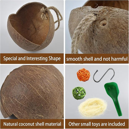 kathson Natural Coconut Shell Bird Nest,Hanging Coconut for Birds Parakeet Coconut Hut Coco Shell Bird House Cage Accessories Decoration for Parrots Lovebird Parakeets Finch Canary