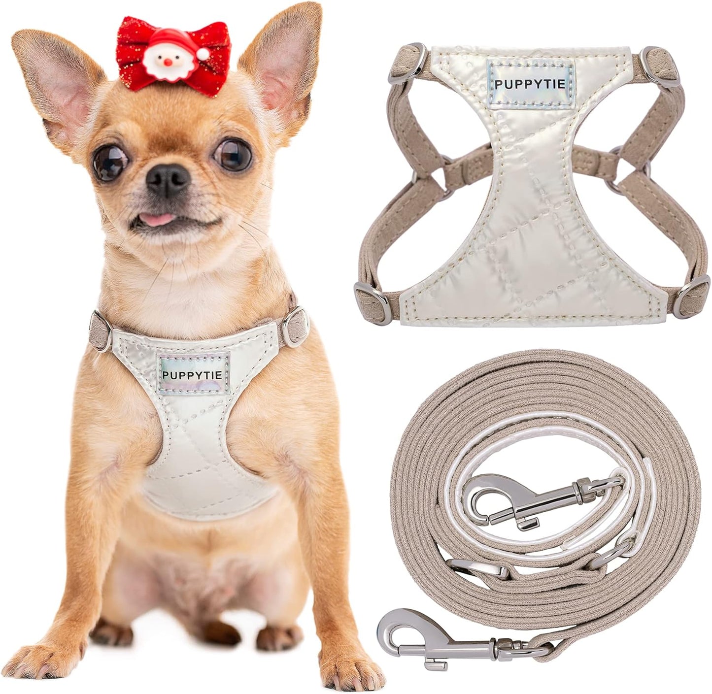 Puppytie No Pull xs Dog Harness with Multifunction Dog Leash,Soft Adjustable No Choke Escape Proof Pet Harness Vest,Glossy Pearl White,XXS