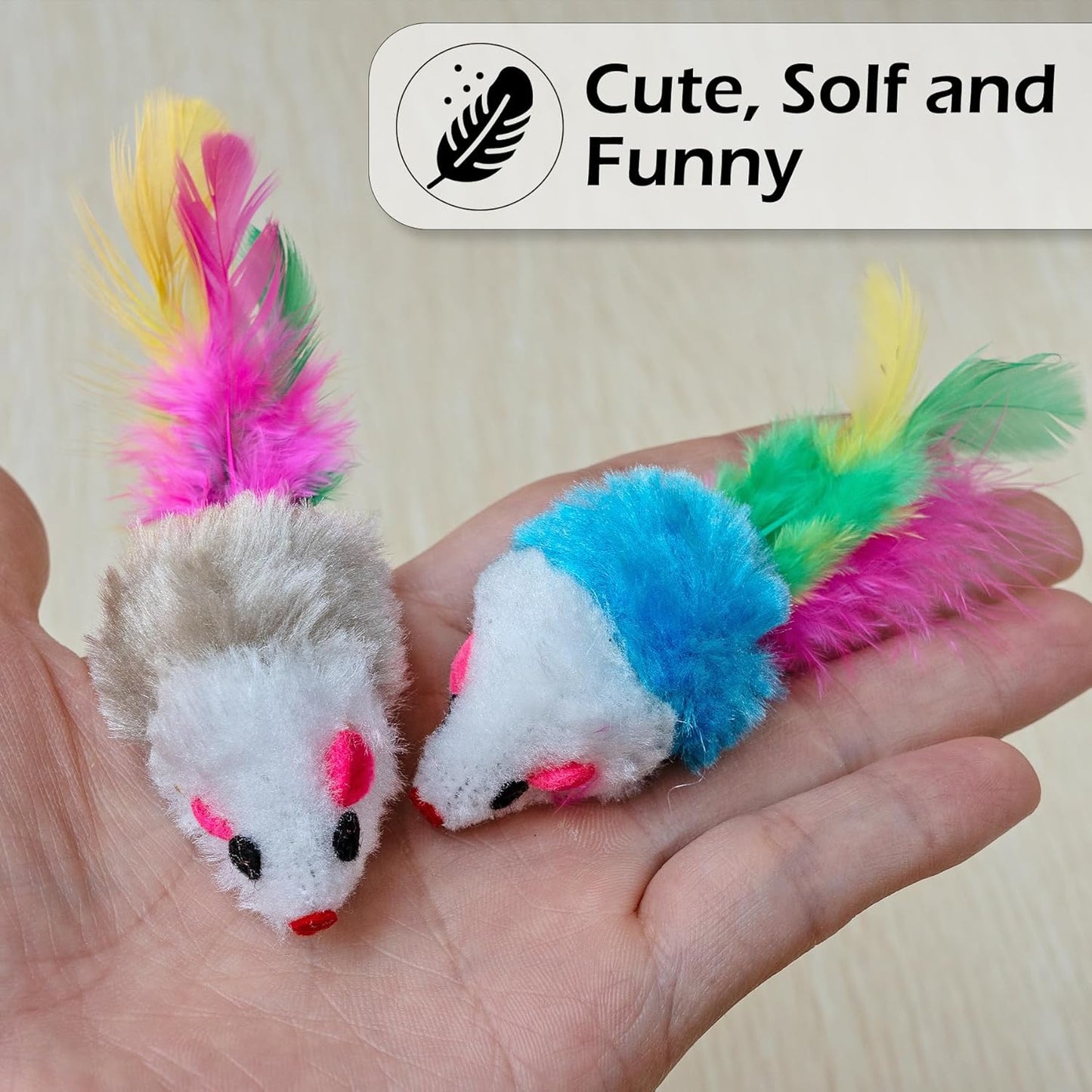 60 PCS Furry Cat Toys Squeak Mouse Rattle Mice Cat Catcher Pet Toys with Feather Tails (Random Color)