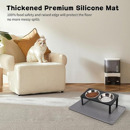 Upgraded Elevated Cat Bowls with Food Mat,15°Tilted Stand Anti Vomiting Raised Cat Dishes for Food and Water,2 Stainless Steel Bowls for Cats and Puppy（Black）