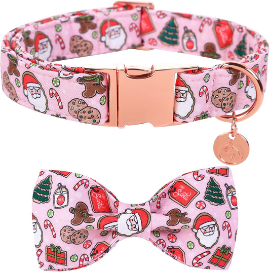 DOGWONG Christmas Dog Collar with Sailor Bow, Pink Santa Claus Dog Collar Soft Durable Adjustable Cotton Cute Girl Puppy Collar for Small Medium Large Dog