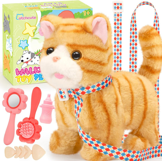 Plush Toys Cat for Kids with Leash, Interactive Electronic Kitty That Walking,Meowing, and Tail Wagging, Stuffed Cat Christmas Birthday Gift for Boys and Girls