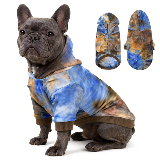 WOYYHO Tie Dye Dog Hoodie & Sweatshirt - Premium Velvet Soft Lightweight Pullover for Small Medium Dogs, Cozy Puppy Sweater for Puppy Dachshund French Bulldog, Multi Blue Browm XL