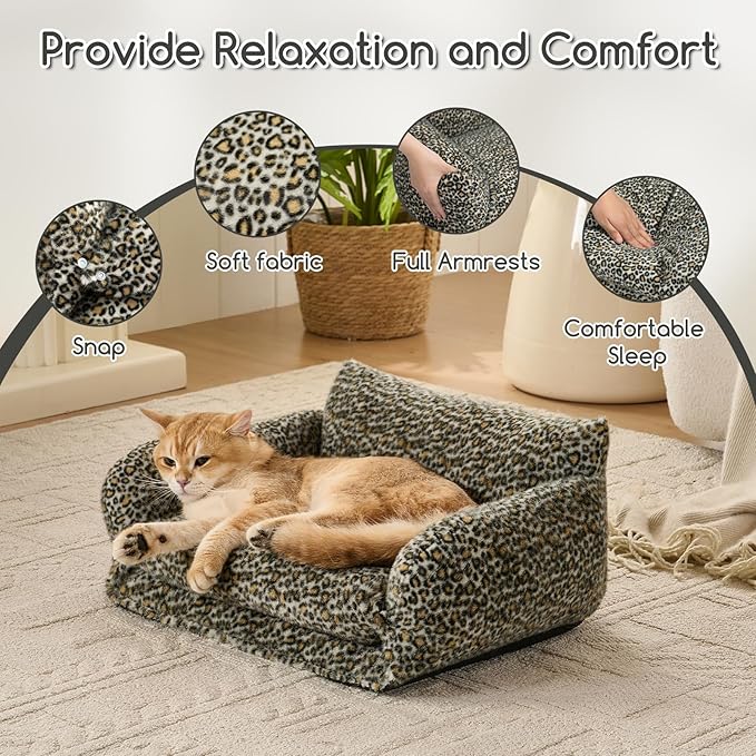 Hollypet Cat Bed Fluffy Plush Mutifuctional Double-Layer Soft Pet Couch Orthopedic Sofa Nest Beds for Small Cats and Dogs, Black Leopard (21x15x8 inch)