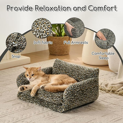 Hollypet Cat Bed Fluffy Plush Mutifuctional Double-Layer Soft Pet Couch Orthopedic Sofa Nest Beds for Small Cats and Dogs, Black Leopard (21x15x8 inch)