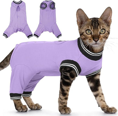PUMYPOREITY Cat Recovery Suit for Hind Legs, Cat Surgical Spay Suit with Leg Sleeves to Stop Licking, Long Rear Sleeve Wound Cover Abdomen Kitten Onesie, Purple, S