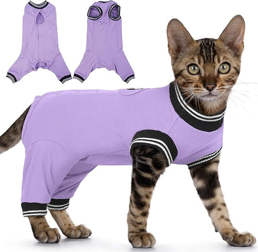 PUMYPOREITY Cat Recovery Suit for Hind Legs, Cat Surgical Spay Suit with Leg Sleeves to Stop Licking, Long Rear Sleeve Wound Cover Abdomen Kitten Onesie, Purple, M