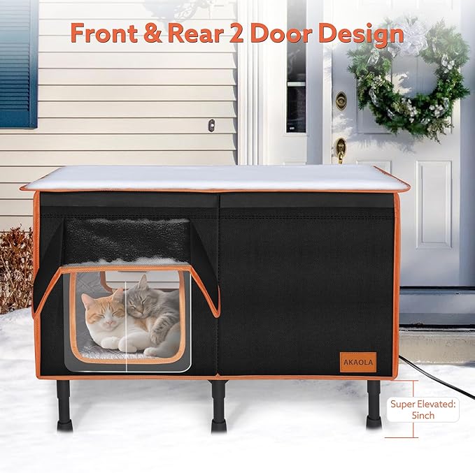Heated Outdoor Cat House for Outside Winter 100% Waterproof Oxford Tarpaulin with Safe Escape Door and 5" Elevated Base with Heater for Feral Barn Cat Kitty (26“x20”x14“)