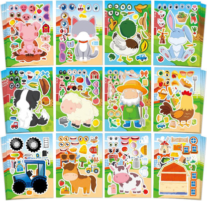 Aowplc 48 Sheets Farm Animal Make‑a‑Face Stickers for Kids & Toddlers – 12 Unique Mix‑and‑Match Designs – Farm Party Favors, Birthday Supplies, Activities & Crafts