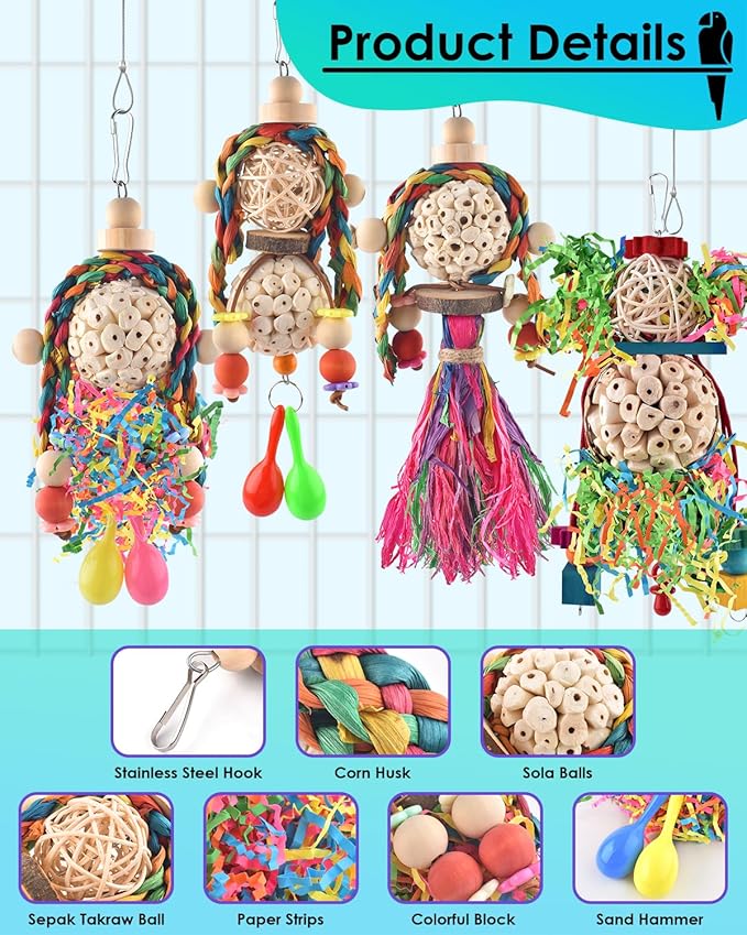 Bissap Conure Toys, 4 PCS Bird Parrot Foraging Shredder Hanging Toys Sola Balls with Sand Hammer for Small Parrots Parakeets Conures Cockatiels Love Birds Cage Toy