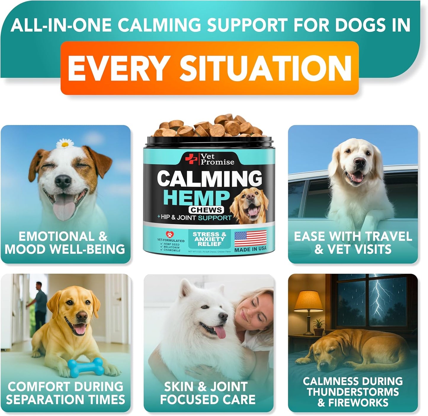 Advanced Calming Chews for Dogs - Hemp Dog Calming Chews - Anxiety Relief with Melatonin - Stress & Separation Anxiety - Sleep Aid + Hip and Joint Supplement Support - Made in USA - 70 Treats
