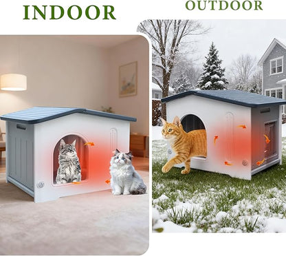 Outdoor Cat House with Insulated Liner, Weatherpoof Plastic Insulated Cats Houses with Escape Door Indoor Waterproof Feral/Pet Cat Shelter Outside for Puppy, Rabbit for Winter