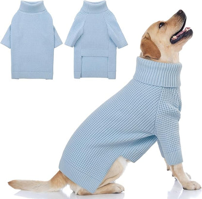 Queenmore Soft Warm Large Dog Sweater, Dog Sweaters for Large Breeds, Pet Christmas Sweater, Waffle Knit Extra Large Doggie Sweatershirt, Pull-on Pet Turtleneck Sweater, Blue 3XL