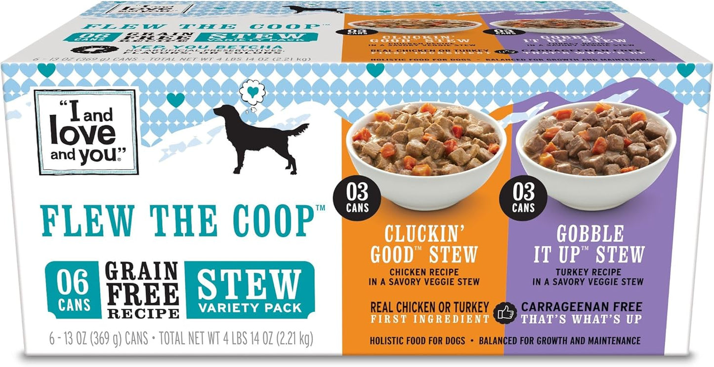 I AND LOVE AND YOU Wet Dog Food - Flew The Coop Variety Pack - Chicken + Turkey, Grain Free, Filler Free 13oz can, 6pk