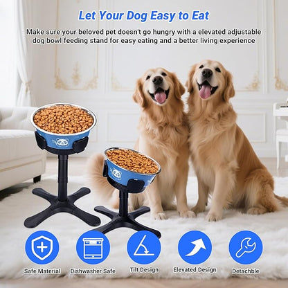 Dog Bowls,Elevated Adjustable Dog Bowl Stand with 3 Heights & Tilted Feeding Design, Raised Stand Compatible with Medium & Large Breeds(with Stainless Steel Bowls-Black)