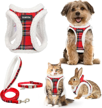 GAMUDA Small Dog Harness Collar and Leash Set, Step in No Chock No Pull Soft Mesh Adjustable Dog Vest Harnesses Plaid Reflective for Dogs Puppy Cats Kitten Rabbit (Warm Red, XXS)
