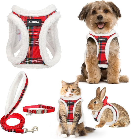 GAMUDA Small Dog Harness Collar and Leash Set, Step in No Chock No Pull Soft Mesh Adjustable Dog Vest Harnesses Plaid Reflective for Dogs Puppy Cats Kitten Rabbit (Warm Red, XXS)