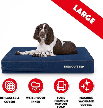 The Dog’s Bed Orthopedic Memory Foam Dog Bed, Large Blue Denim, Pain Relief for Arthritis, Hip & Elbow Dysplasia, Post Surgery, Lameness, Supportive, Calming, Waterproof Washable Cover
