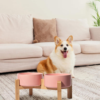 Elevated Ceramic Dog Bowl Set - Raised Dog Bowls with Non-Slip Bamboo Stand - Dog Food and Water Bowl Set - Double Dog Feeding Bowls - Suitable for Small and Medium Dogs - 28.74 OZ - 3.6 CUPS - 850 ML