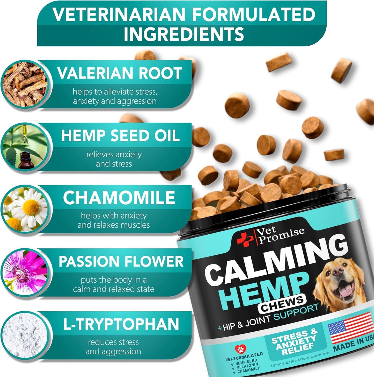 Advanced Calming Chews for Dogs - Hemp Dog Calming Chews - Anxiety Relief with Melatonin - Stress & Separation Anxiety - Sleep Aid + Hip and Joint Supplement Support - Made in USA - 70 Treats