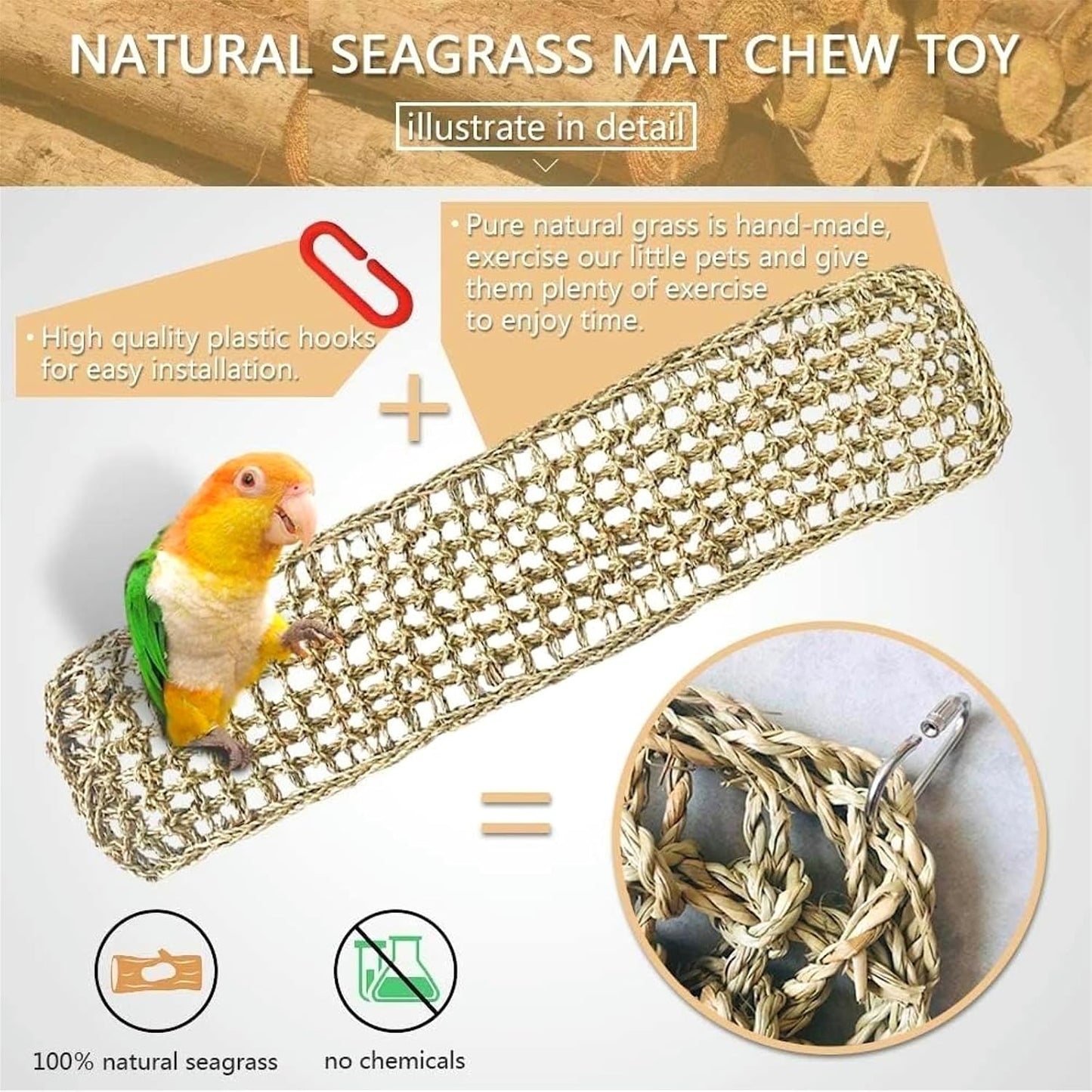 Bird Seagrass Mat 39.4×7" Natural Grass Woven Net Hammock Hanging on Parrot Cage with Hooks Parakeet Climbing Rope Ladder Chew Toys for Lovebird Cockatiel Conure Budgie Cockatoo Supplies