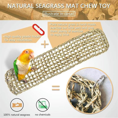 Bird Seagrass Mat 39.4×7" Natural Grass Woven Net Hammock Hanging on Parrot Cage with Hooks Parakeet Climbing Rope Ladder Chew Toys for Lovebird Cockatiel Conure Budgie Cockatoo Supplies