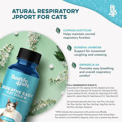 Cat Respiratory Comfort Supplement - Natural Breathe Easy Feline Support for All Seasons, Coughing, Occasional Nasal Stuffiness and Sneezing - 400 Odorless, Easy-to-Administer Tasteless Pills