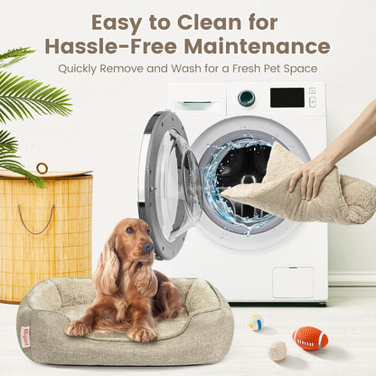 Miguel Faux Linen Dog Bed with Removable Cushion Pillow for Medium Small Dogs, Washable Pet Bed with Side Easy to Wash Puppy Bed, Rectangle Cat Bed for Indoor Cat with Anti-Slip Bottom, Beige 25 Inch