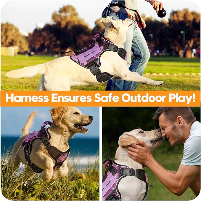 Heavy-Duty Tactical Dog Harness for Large Dogs, No Pull Adjustable Reflective Pet Vest with Molle System, K9 Military-Grade Control for Service Training, Outdoor & 10+ Breeds, Purple Camo, Medium