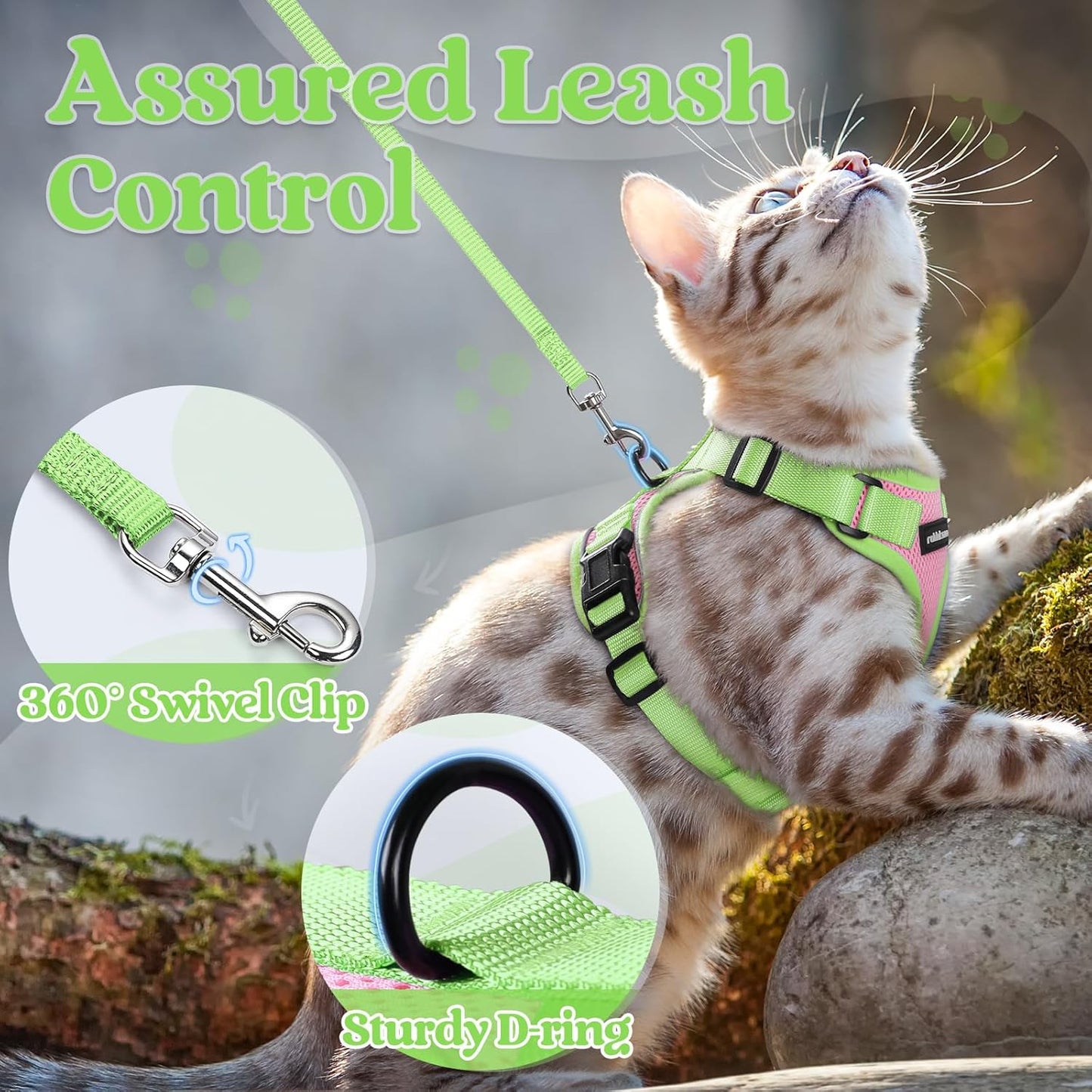 rabbitgoo Cat Harness and Leash Set, Escape Proof Soft Adjustable Vest Harnesses for Outdoor Walking, Easy Control Breathable Kitten Jacket with Reflective Strips, Pink & Light Green, XXS