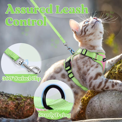 rabbitgoo Cat Harness and Leash Set, Escape Proof Soft Adjustable Vest Harnesses for Outdoor Walking, Easy Control Breathable Kitten Jacket with Reflective Strips, Pink & Light Green, XXS
