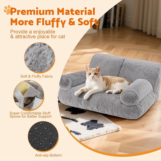 Gimars Upgrade Large Cat Bed for Indoor Cats -Added 10% More Stuff Sponge, Orthopedic Pet Couch Beds with Bolstered Edges, Fluffy Washable & Removable Cover, Anti Slip Base, Grey