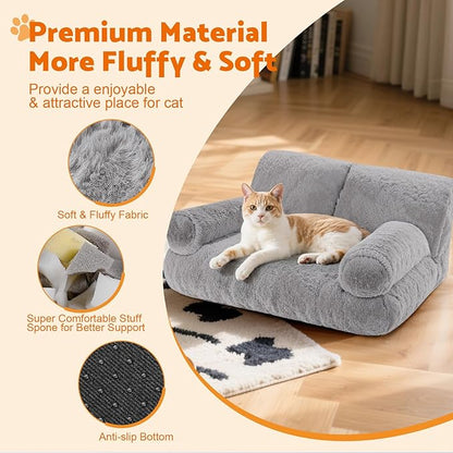 Gimars Upgrade Large Cat Bed for Indoor Cats -Added 10% More Stuff Sponge, Orthopedic Pet Couch Beds with Bolstered Edges, Fluffy Washable & Removable Cover, Anti Slip Base, Grey