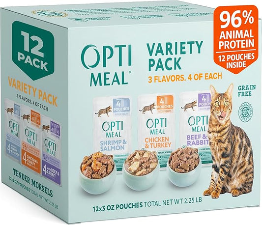 Optimeal Wet Cat Food Variety Pack - Grain Free Tender Morsels, High Protein Premium Nutrition Made with Natural European Ingredients in Savory Gravy, Adult Wet Cat Food Pouches 3oz Pouch (Pack of 12)