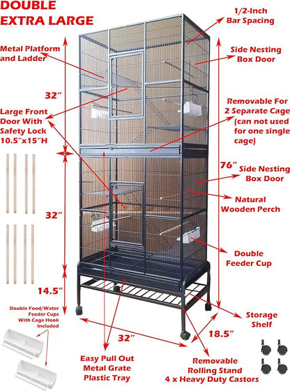 76" Extra Large Double Stackable Wrought Iron Breeding Bird Flight Parrot Cockatiel Conure Breeder Separate Cages Nesting Box Doors Easy Clean Pull Out Grate Tray Detachable Rolling Stand