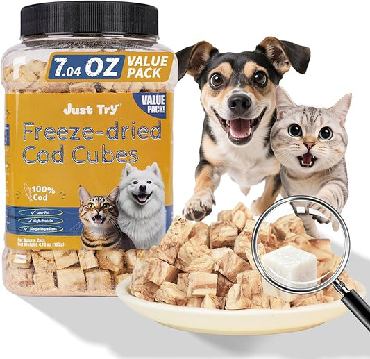Just Try 4.76 oz Freeze-Dried Cod Treats Dog & Cat Treats - Single Ingredient, Grain-Free Snacks Omega-3 Supports Skin & Coat Health