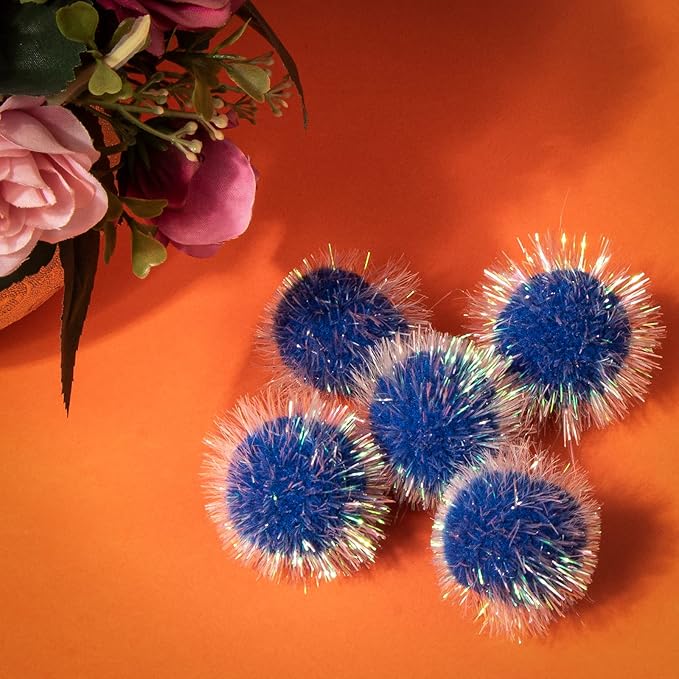 VAPKER 30 Pcs Cat Ball Toys Sparkle Balls Extra Large 2 Inch Cat's Favorite Chase Glitter Ball Glitter Tinsel Pom Poms Balls Dark Blue Color
