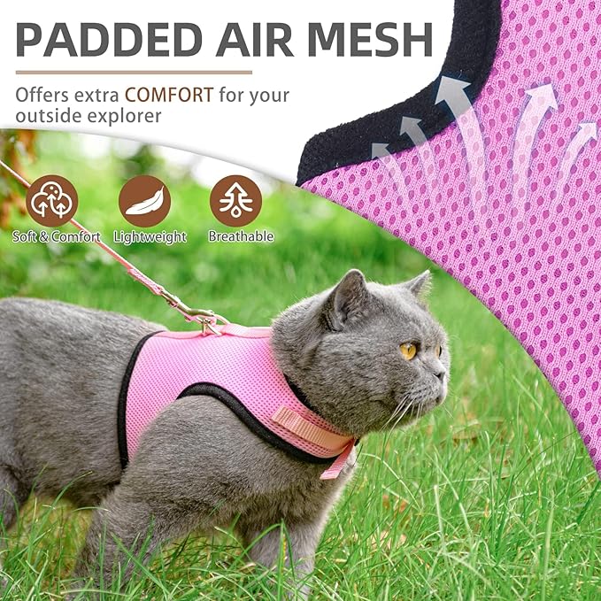 PUPTECK Soft Mesh Cat Vest Harness and Leash Set Puppy Padded Pet Harnesses Escape Proof for Cats Small Dogs, Pink Large