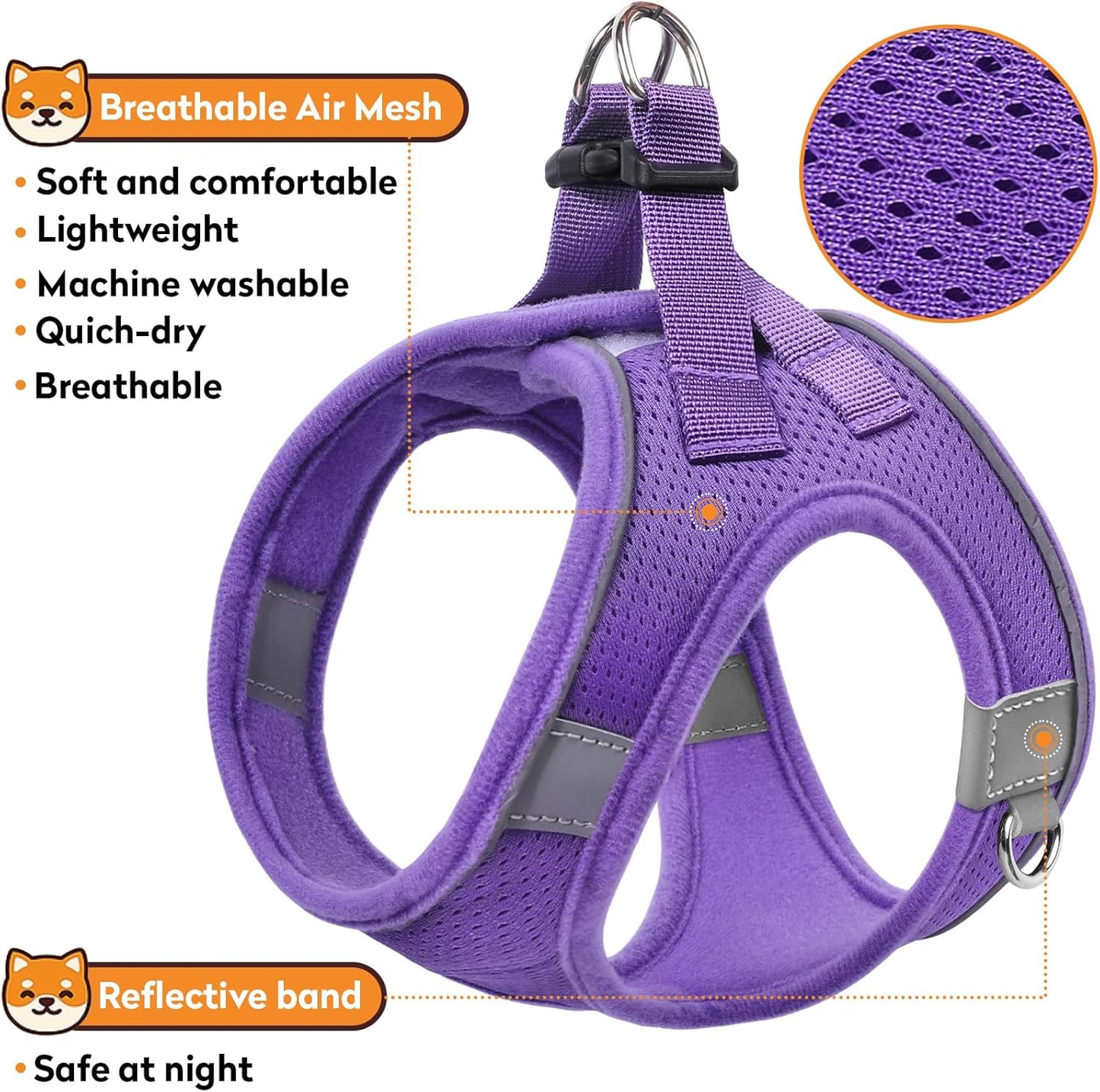 Dog Harness with Leash Set, No-Pull Step-in Reflective Pet Harness with 1 Leash Clips, Adjustable Soft Padded Easy Walk Dog Vest for Small Medium Large Dogs, Cats(Light Purple, Large)