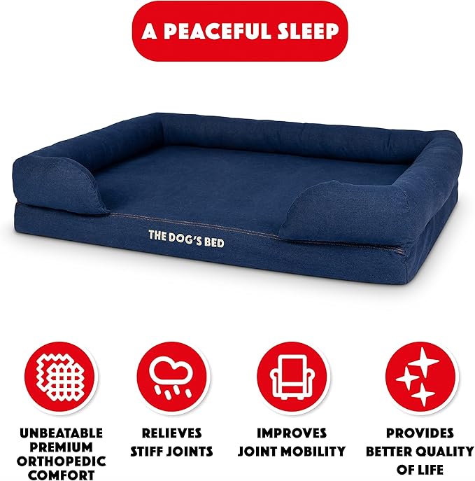 The Dog’s Bed, XL Blue Denim, Memory Foam, Pain Relief: Arthritis, Hip & Elbow Dysplasia, Post Surgery, Lameness, Supportive, Calming, Waterproof Washable Cover