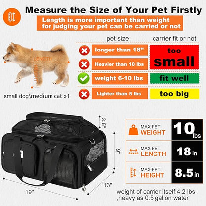 19x13x9 TSA Approved top Expandable pet Carrier for Small Dog Puppy cat up to 10 lbs Weight and 18'' Length, for Southwest Spirit Canada Airlines(Black)