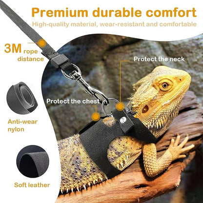 Bearded Dragon Leash and Harness Set - 3-Size Adjustable Soft Leather Vest with Retractable Leash, Easy-Wear Design (Black, 3M)